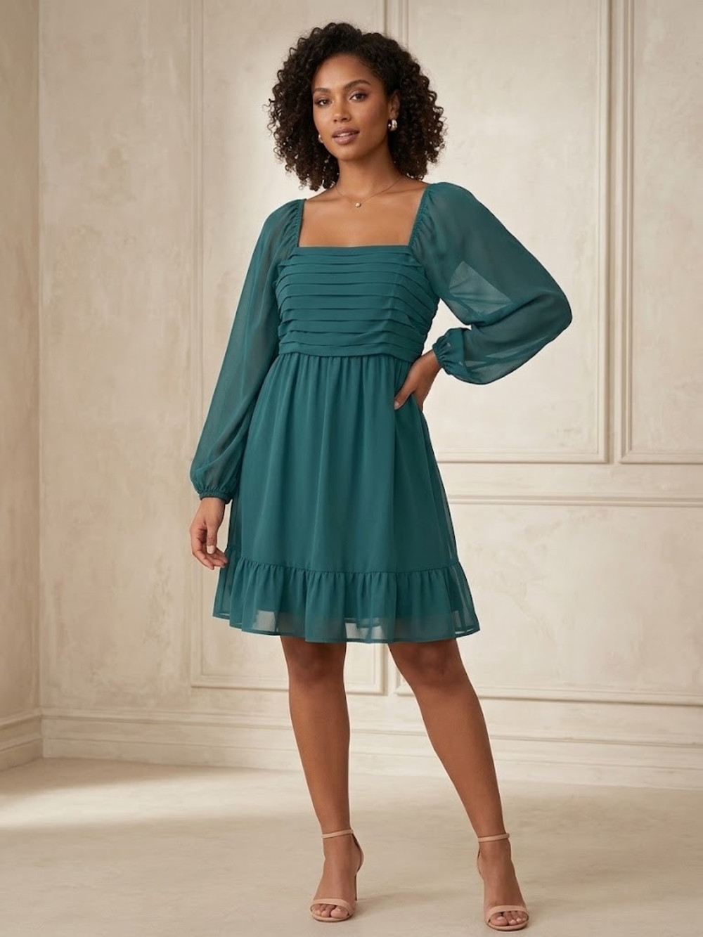 Sugarlips Green Square-Neck Long-Sleeve Mini Dress